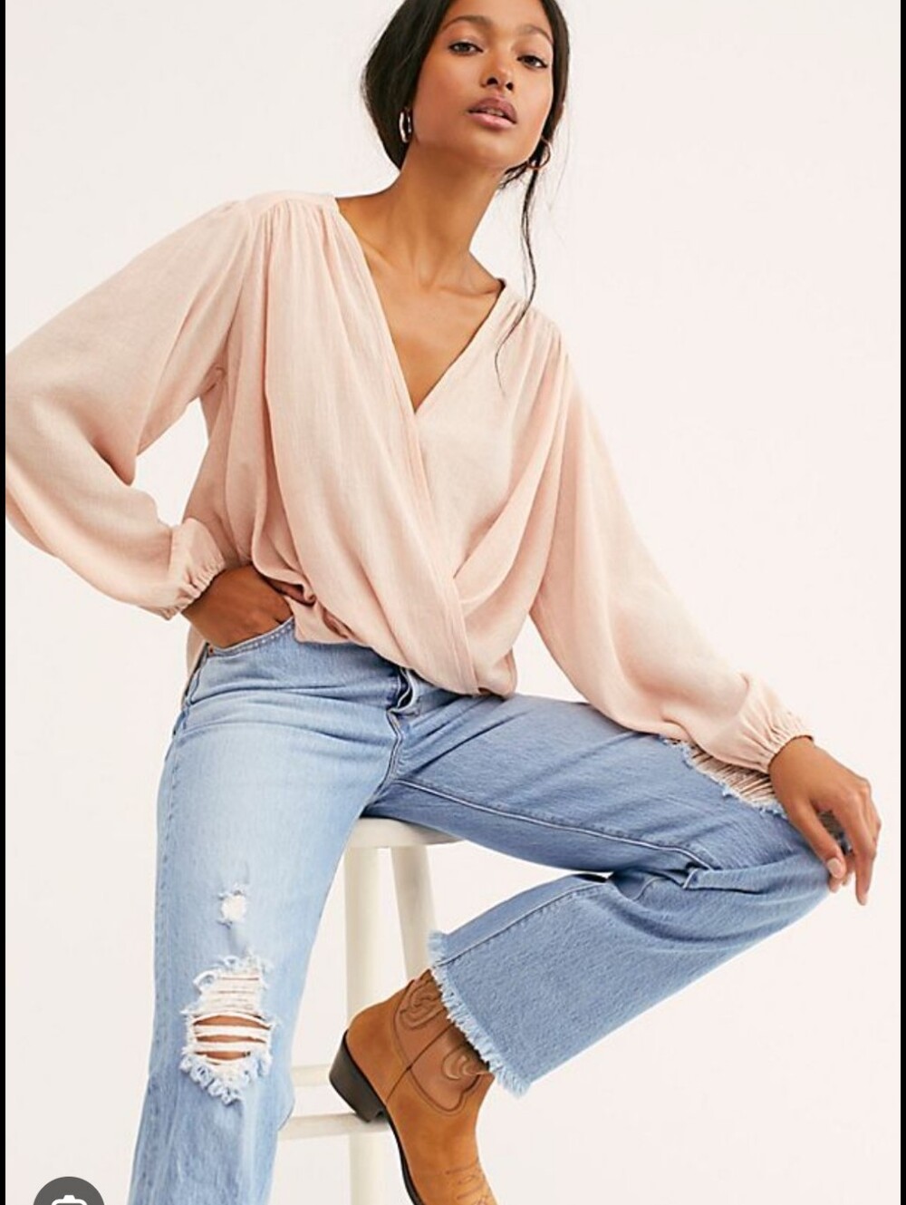 275-Free People Blush Peach Wrap Crop Top with Balloon Sleeves